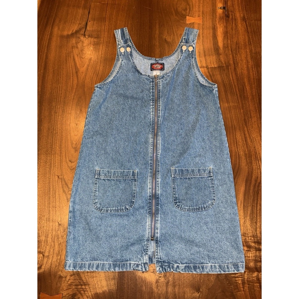 Y2K No Excuses Denim Jumper Dress Size S Blue Jean Full Zip Mini Pinafore